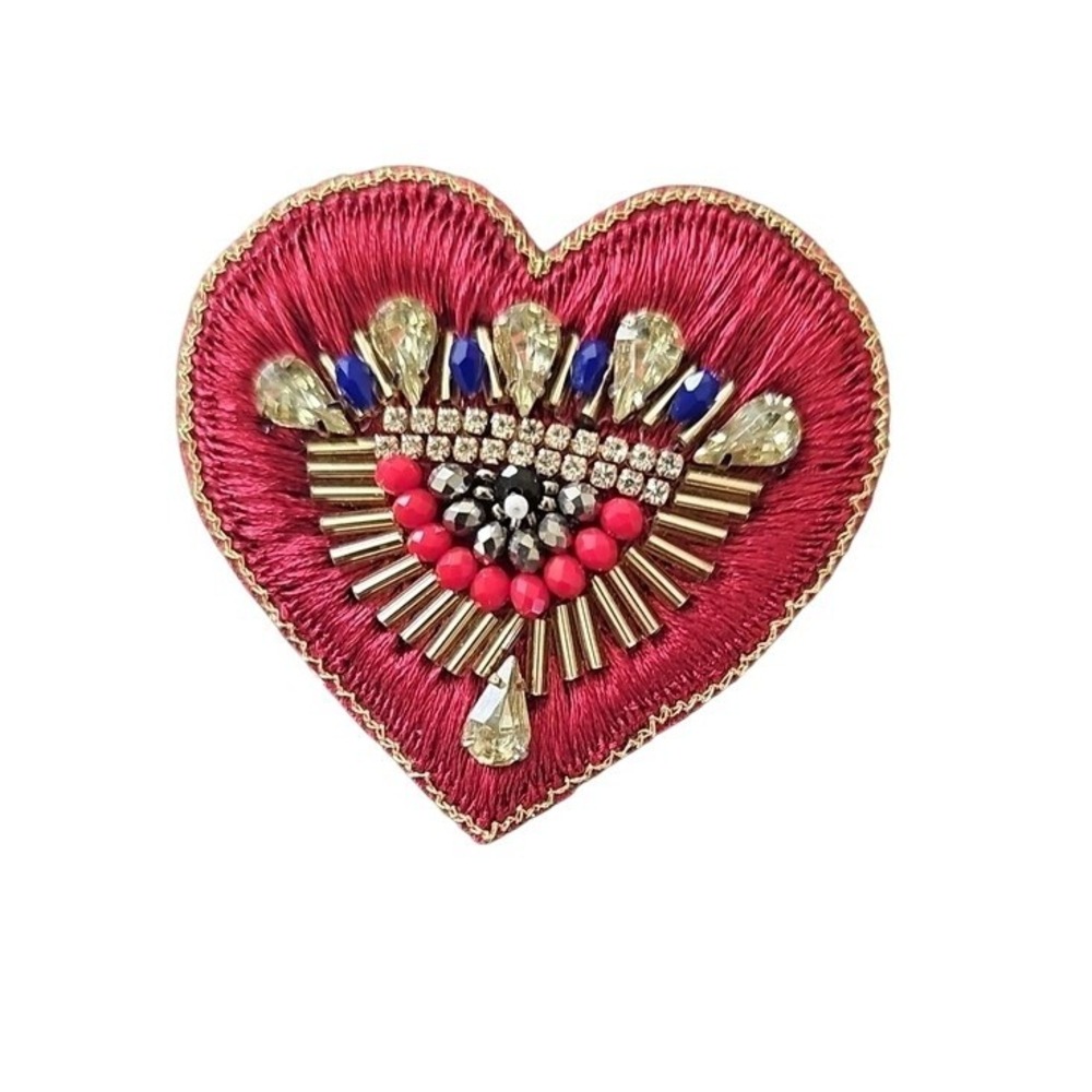 Express Red Beaded Heart Brooch Pin Embroidered Rhinestone Statement NWT
